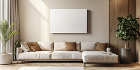 Ultra-realistic image of a cozy, compact living room with a modern corner sofa in soft, warm tones. 