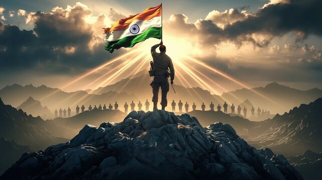Indian Army Day, A soldier holding India's flag atop a mountain, kargil vijay diwas