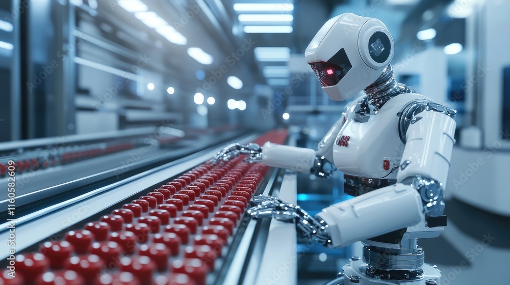 Aufkleber a robot working on a conveyor belt in a pharmaceutical factory, handling red pills with speed and pr