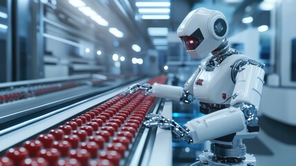 Fototapeta premium A robot working on a conveyor belt in a pharmaceutical factory, handling red pills with speed and precision, highlighting modern automation technology.
