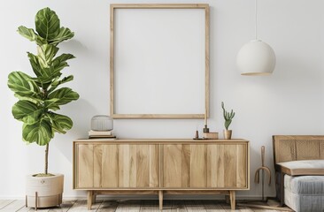 mockup ideal for interior design product presentation, allowing customization within oak frame offers a perfect backdrop for showcasing art posters, design ideas in serene natural setting.