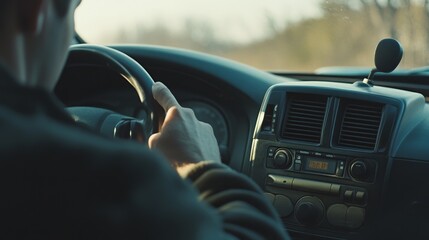 Car radio showing static during a drive. Featuring a driver looking frustrated