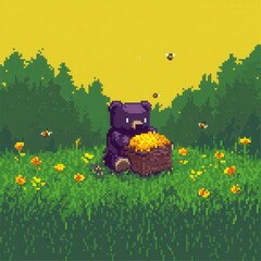 A charming 8-bit pixel art of a glowing pixelated bear cub playing with a glowing beehive, surrounded by sparkling bees and pixelated flowers, set on a pastel green and yellow background for 