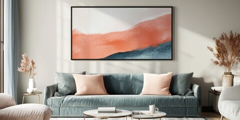 wall art mockup with one big frame above sofa 