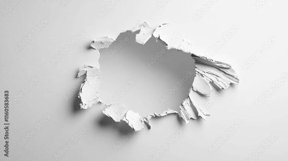Poster a simple and isolated hole in a white wall, symbolizing wear and tear in architecture or an accident