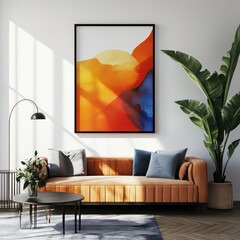 wall art mockup with one big frame above sofa 