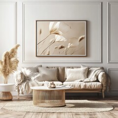 wall art mockup with one big frame above sofa 