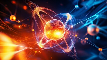 Obraz premium dynamic fusion of swirling energy waves and molecular structures, symbolizing breakthroughs in quantum physics, rendered in bold, electric colors