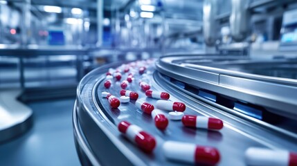 A sleek, high-tech pharmaceutical factory with pills on a conveyor belt, representing automation and efficiency in medicine production.