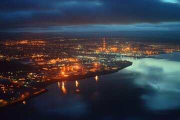 Night view of city lights near water. Illustrates industrial cityscape at night, ideal for urban, industrial, or environmental themes.