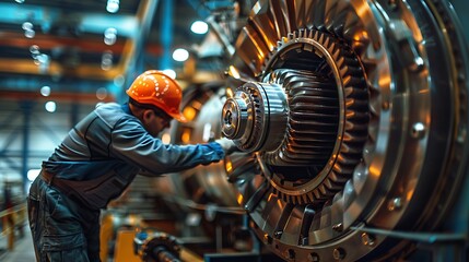 A detailed shot of a worker performing maintenance on a large industrial motor