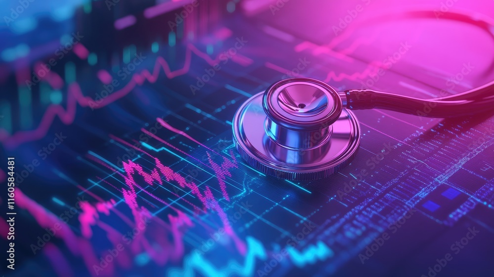 Poster a stethoscope placed on a laptop with a financial graph, representing the intersection of healthcare