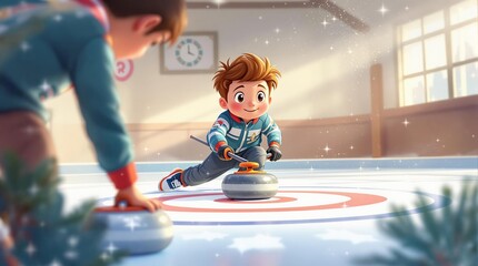 Energetic kids enjoy curling game on ice rink in bright winter morning