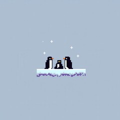 A delightful 8-bit pixel art of a glowing pixelated penguin family huddling on a pixelated glacier, surrounded by glowing snowflakes and sparkling stars, set on a pastel blue and grey background 