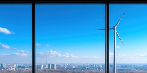 City Office View: Wind Turbine Farm on the Horizon, Blending Urban and Renewable Energy Landscapes.