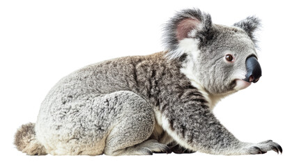 Obraz premium Adorable Koala Bear: A close-up portrait of a cuddly koala bear, captured in a relaxed and playful pose, showcasing its unique charm and endearing features. 