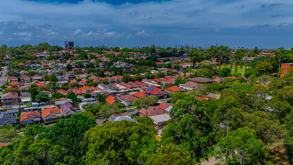 Panorama aerial drone view of western Sydney Suburbs of Canterbury Burwood Ashfield Marrickville...