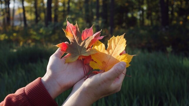 Hands of Gratitude. Colorful leaves are held in hands, the sunlight casting a warm glow, representing the beauty of change and gratitude for life’s blessings.