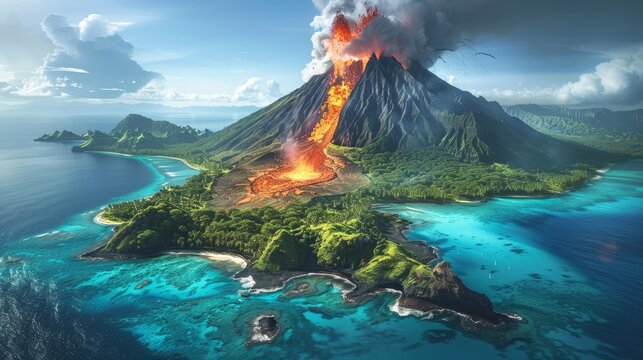 Dramatic volcano eruption on a verdant tropical island surrounded by azure ocean waters