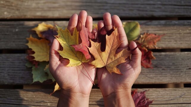 Hands of Gratitude. Colorful leaves are held in hands, the sunlight casting a warm glow, representing the beauty of change and gratitude for life’s blessings.