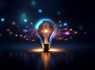 A glowing light bulb filled with vibrant, interconnected nodes, representing innovation and interconnected ideas.  The light illuminates a dark reflective surface, symbolizing brilliance and discovery
