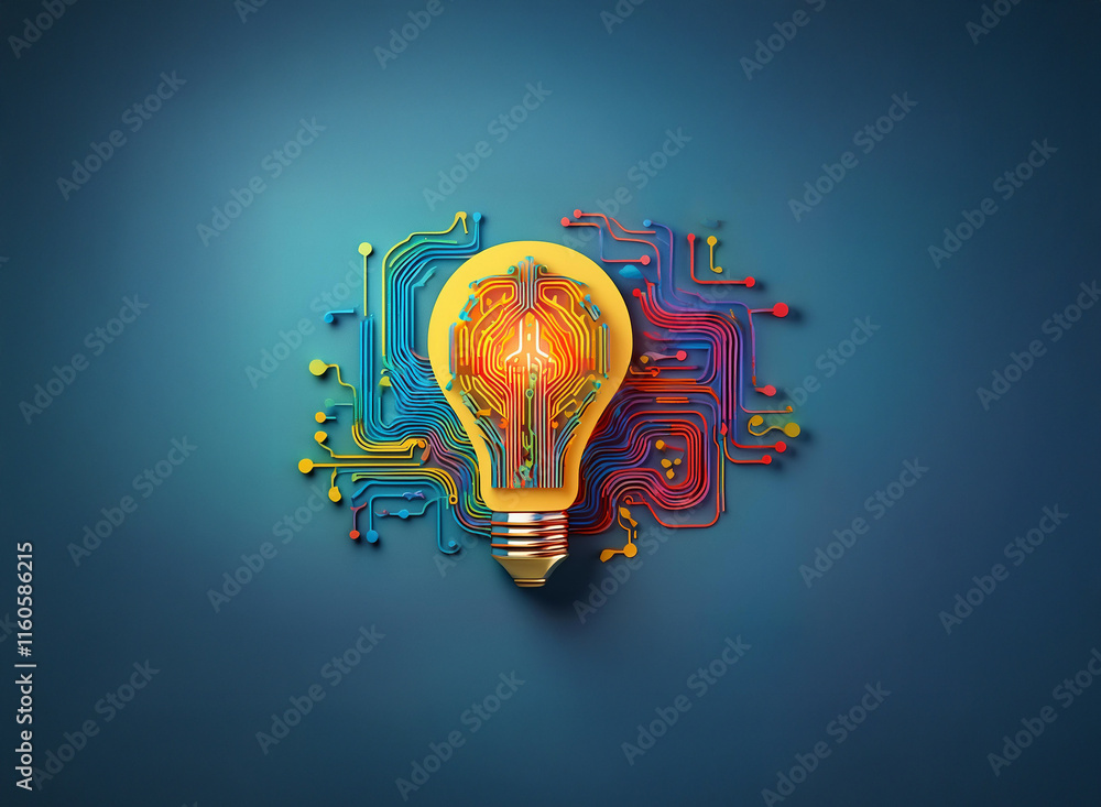Poster a glowing lightbulb, its filament a vibrant brain, is embedded within a colorful circuit board. this