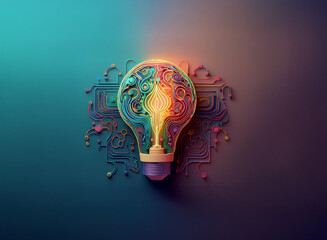 A vibrant, colorful lightbulb design, intricately detailed with circuit board patterns inside, glows against a teal and orange gradient background.  It symbolizes innovation and creative thinking.