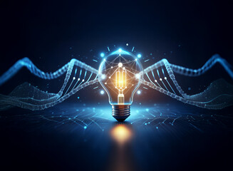 A glowing lightbulb, rendered in intricate digital detail, sits at the center,  surrounded by flowing, bioluminescent energy waves, symbolizing innovation and technological advancement.
