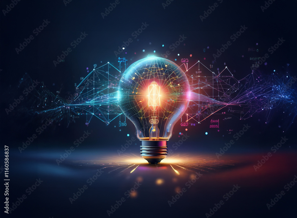 Poster a glowing lightbulb, filled with interconnected nodes and data streams, symbolizes innovation, techn