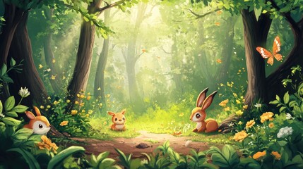 A whimsical forest scene with cute, cartoon animals having fun in the woods, surrounded by trees and greenery.