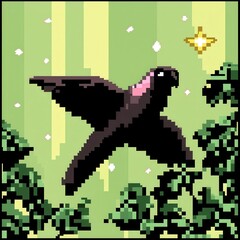 A vibrant 8-bit pixel art of a glowing pixelated parrot flying over a pixelated jungle, with tiny glowing stars and sparkling leaves, set on a pastel green and orange background for a lively 