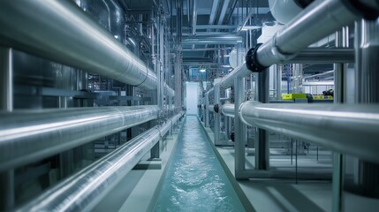Naklejka premium High-tech wastewater treatment plant with cold, pristine water flowing through transparent pipes