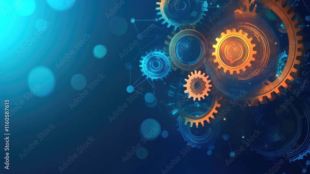 Poster abstract technology workflow concept, with interconnected digital elements on a blue background, sym