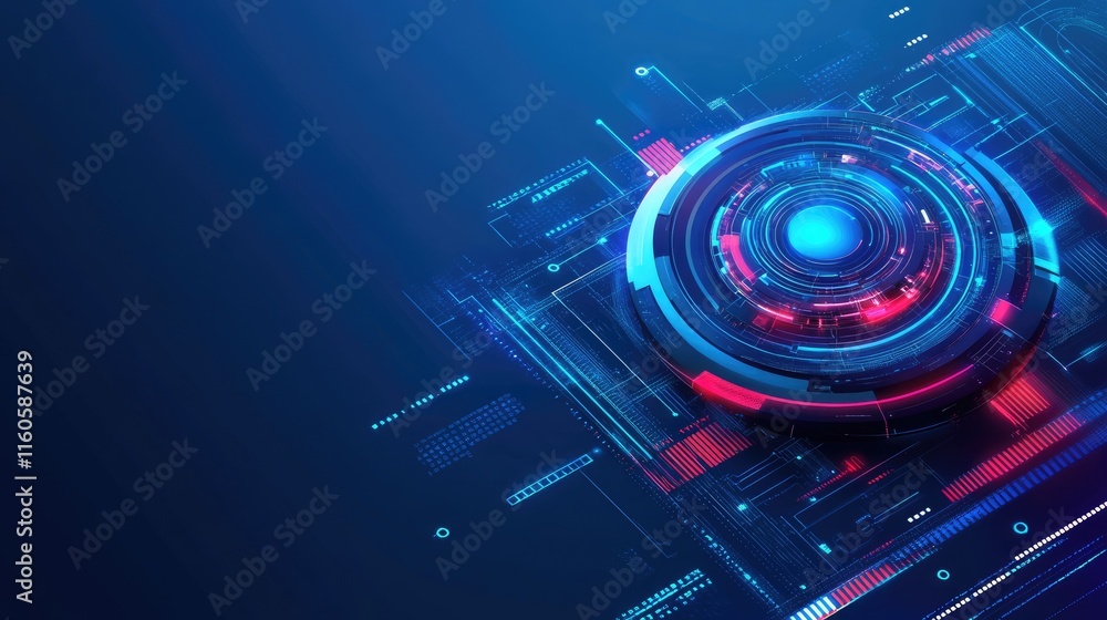 Poster abstract technology workflow concept, with interconnected digital elements on a blue background, sym