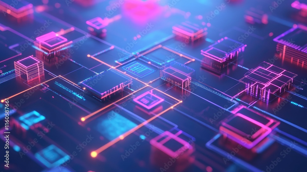 Poster abstract technology workflow concept, with interconnected digital elements on a blue background, sym