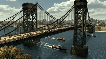 Fototapeta premium A scenic view of a bridge over water with boats navigating beneath a clear sky.