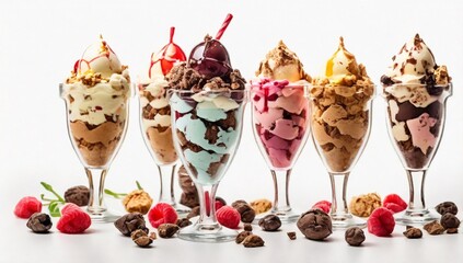Collection of Sundae sundaes ice cream frozen dessert in tulip glass cup on white background cutout file. Many assorted different flavour Mockup template for artwork design
