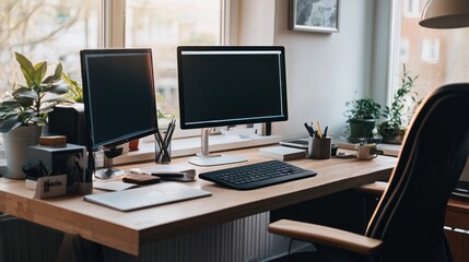 Modern home office workspace with two computer monitors, keyboard, plants, and chair.
