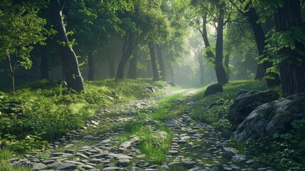 Enchanting winding trail through a misty autumn forest filled with colorful fallen leaves