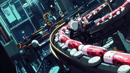 Naklejka premium Advanced pharmaceutical manufacturing with pills being transported on a conveyor, emphasizing innovation and precision in healthcare production.