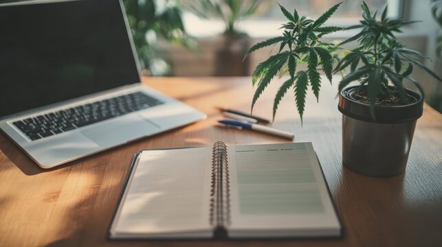 Open notebook, laptop, pens, and cannabis plant on a wooden desk.
