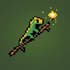 Obraz premium An intricate 8-bit pixel art of a glowing pixelated chameleon sitting on a glowing branch, blending into pixelated leaves surrounded by sparkling stars, set on a pastel green and yellow background. 