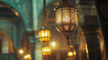 defocussed illuminated arabic lantern as background.