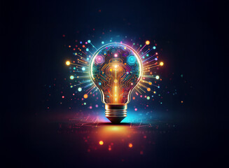 A vibrant lightbulb, glowing with multicolored energy bursts, symbolizes innovation, creativity, and new ideas.  The intricate design within suggests complex thinking and technological advancement.