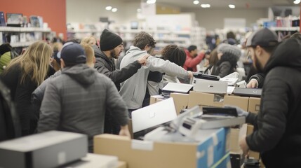 Fototapeta premium Shoppers crowd around discounted electronics during a Black Friday sale.