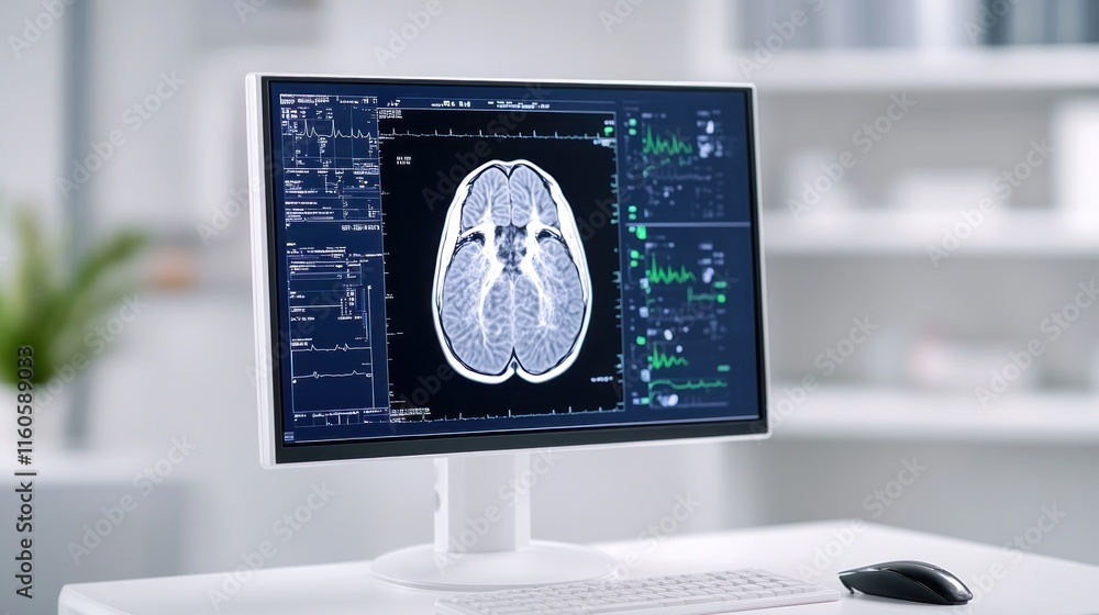 Poster medical imaging display showing brain scan and vital signs analysis.