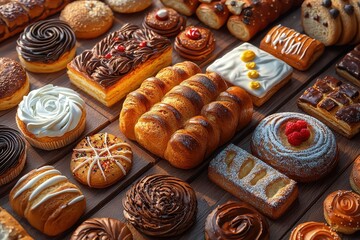 Fototapeta premium Assortment of delicious freshly baked pastries including croissants, danishes, and breads arranged on a rustic wooden table