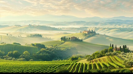 Obraz premium Panoramic view of rolling hills, vineyards, and villas in Tuscany at sunrise, with soft morning light and mist.