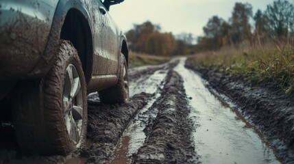 Car stuck in mud on a rural road. Featuring a worried driver