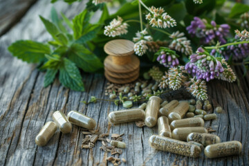 Close-up of herbal supplements in capsules with natural green leaves and flowers on a wooden surface.